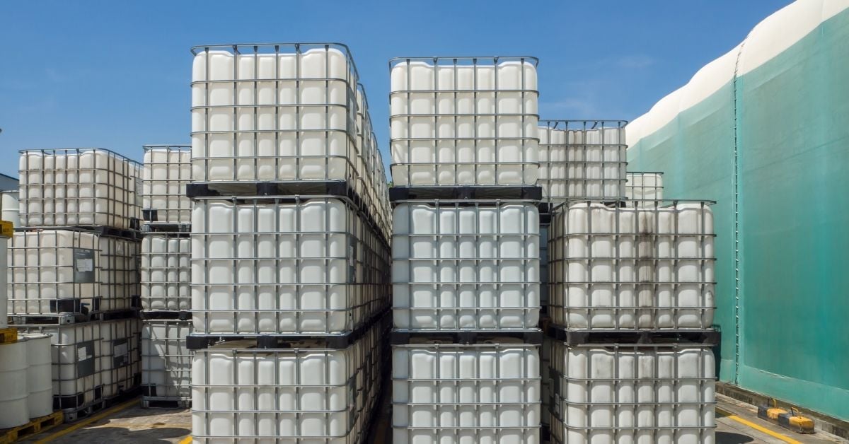 oilfield chemical totes at a warehouse